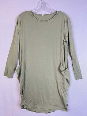Tunic Dress Women Large Gray Green Side Pockets Cotton Knit Pull Over Above Knee
